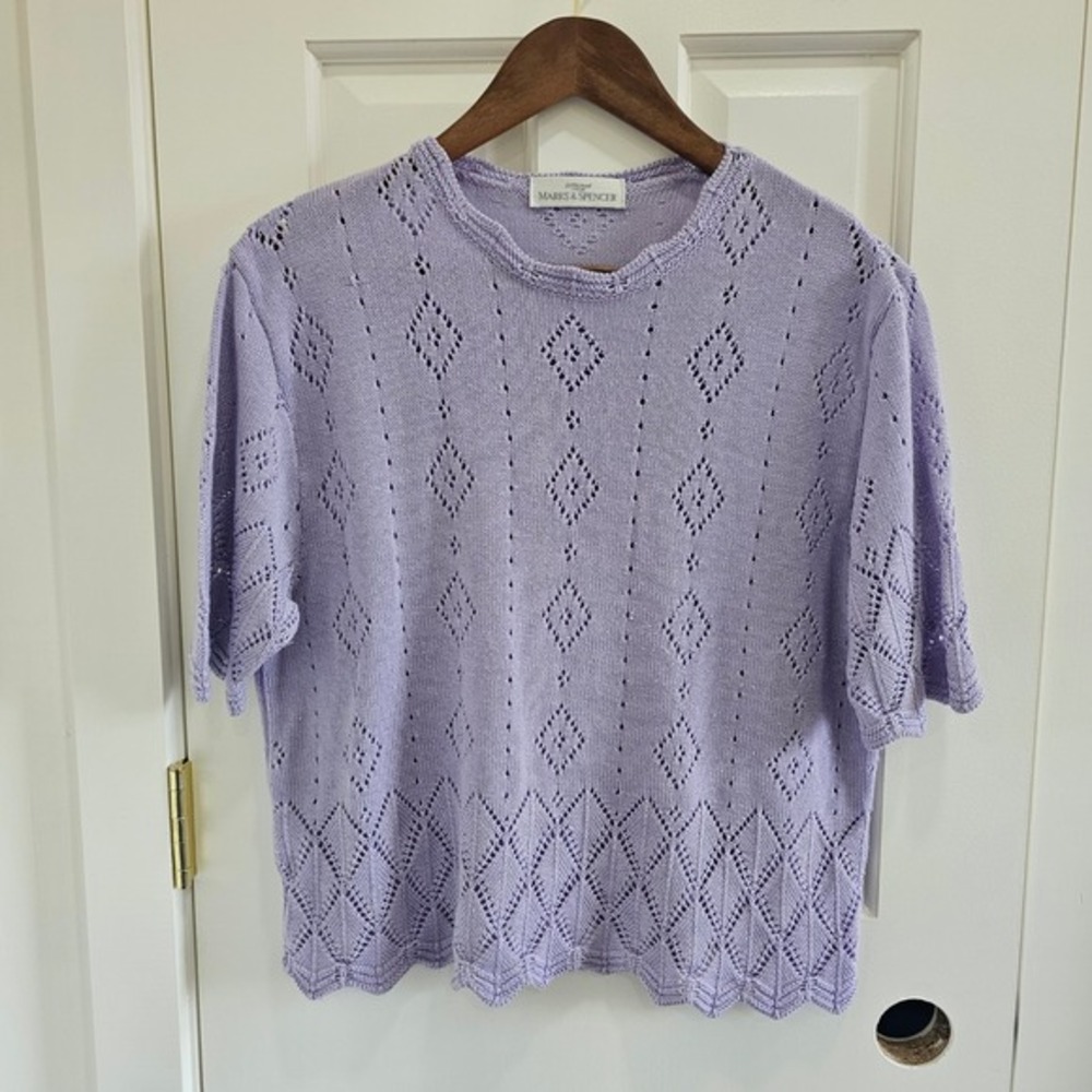 Vintage Marks & Spencer St‎ Michael Knit Top Short Sleeve Purple Diamond Pattern